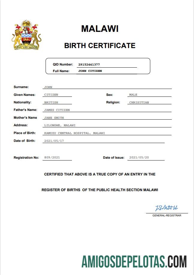 Realista modelo Word e PDF de certidão de nascimento do Malawi, totalmente editável